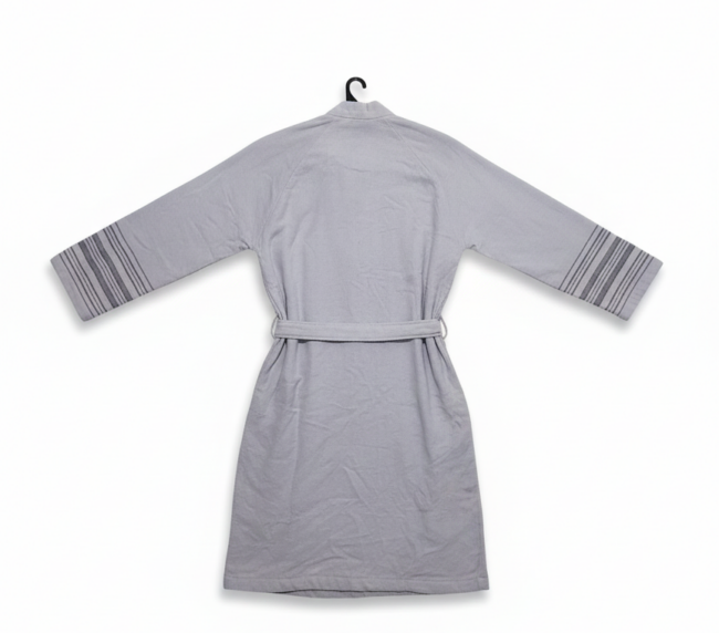 Çizgili Beyaz Pamuk ve Bambu Karışımı Bornoz